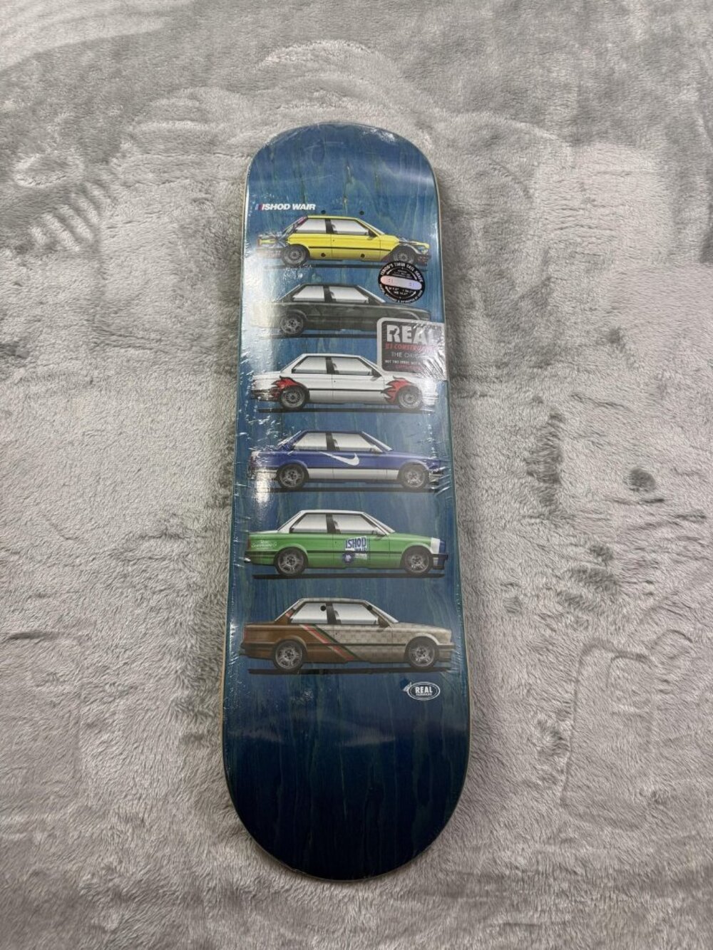 New Real Ishod Customs Twin Tail R1 Skateboard Deck 8.5 Blue Cars Art Graphic